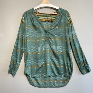 Prana Women's Size M Green Geometric Print Henley Button Front Long Sleeve Shirt